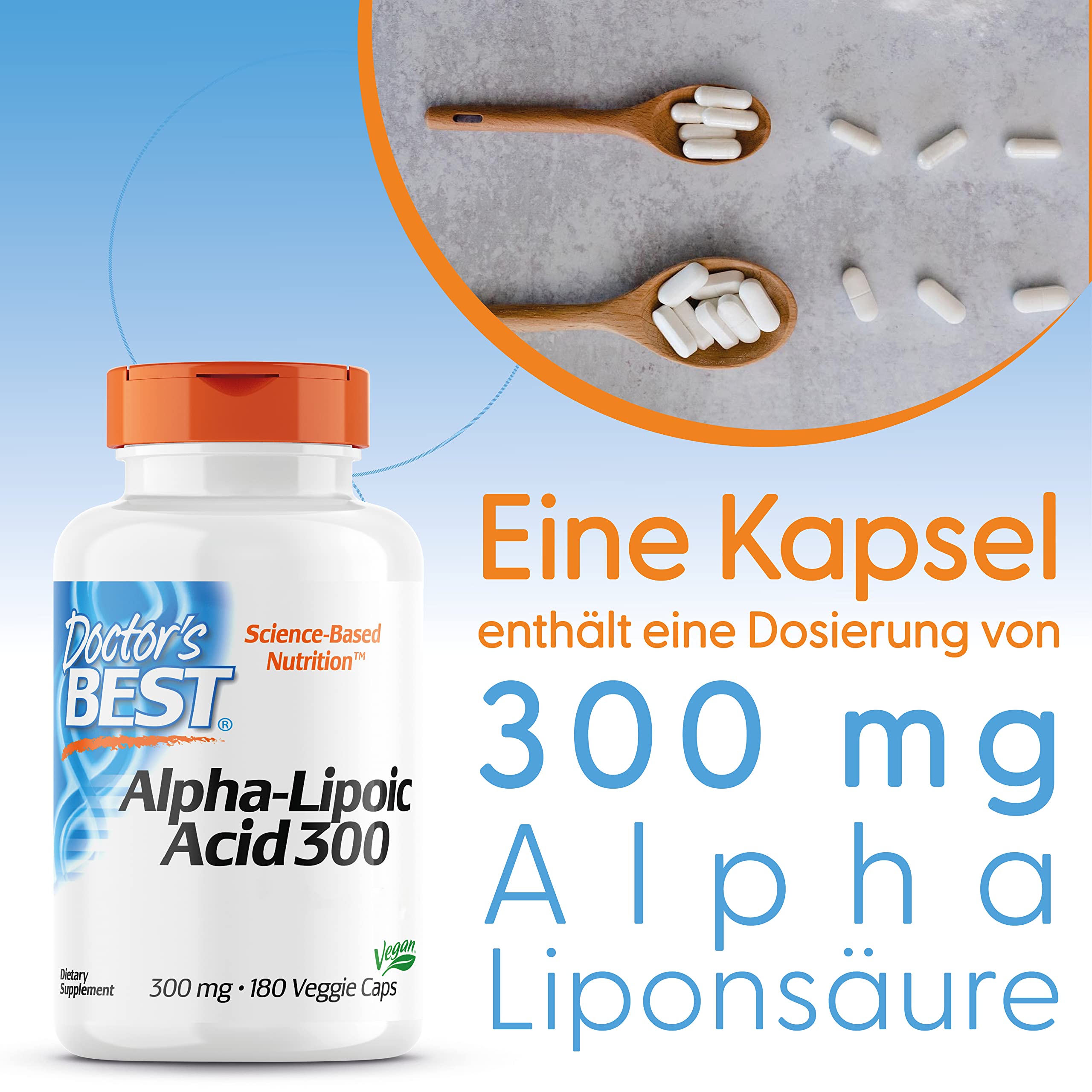 Doctor's Best, Alpha-Lipoic Acid (Alpha Liponsäure), 300 mg, 180 vegane Kapseln, Hochdosiert, Laborgeprüft, Ohne Gentechnik, Glutenfrei, Sojafrei