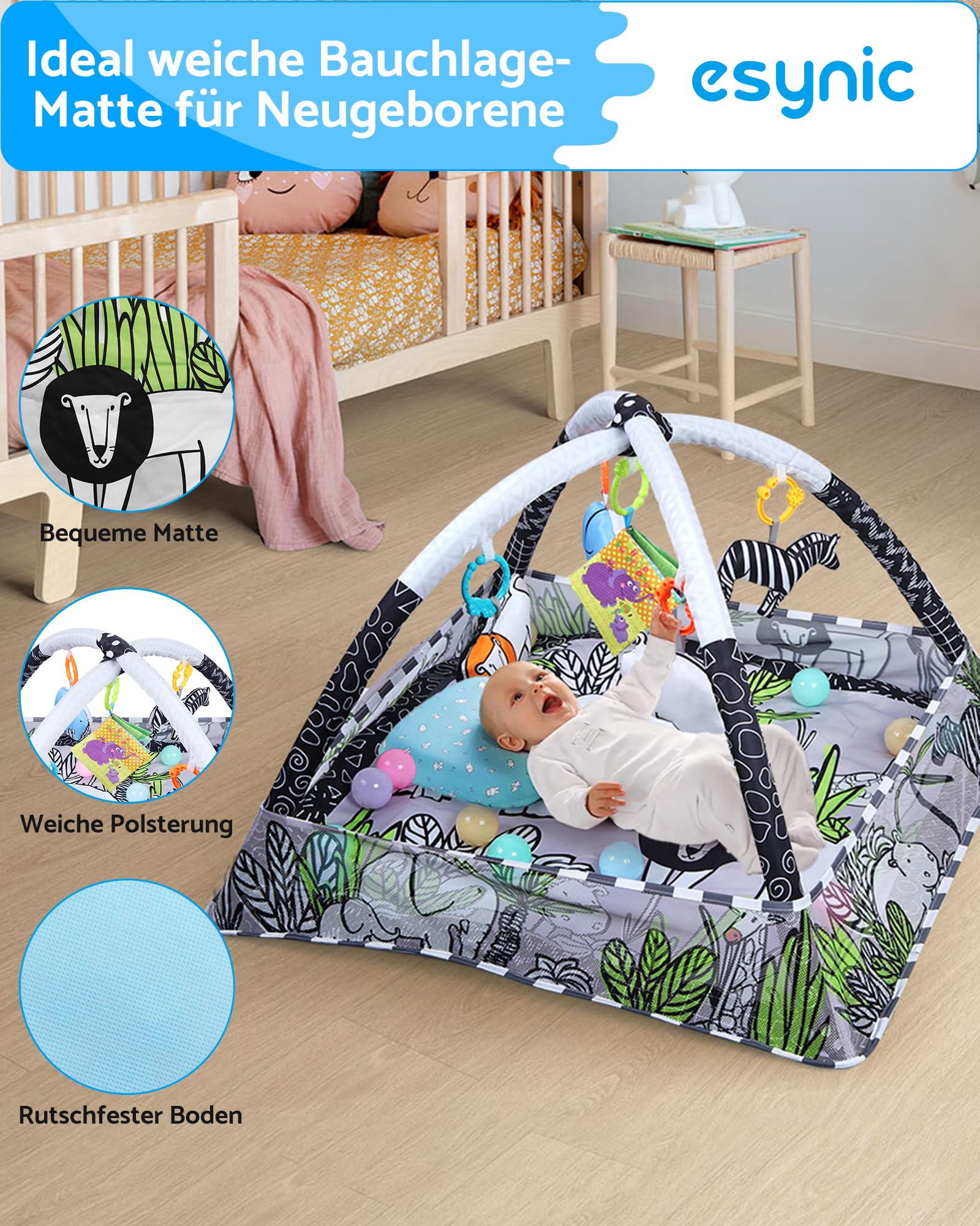 eSynic Baby Gym Spielmatte Spielbogen 7 in 1 Kickin' Tunes Spieldecke Krabbeldecke mit 5 Abnehmbaren Spielzeugen Montessori für Babys von 0-18 Monaten Schwarz-Weiß Kontrast 18 Spielbälle