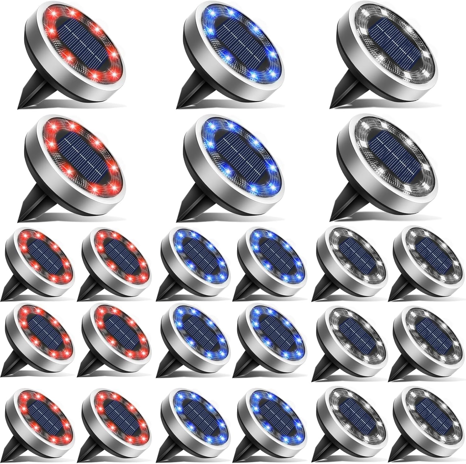 btfarm 24 pack solar ground lights outdoor, 8 led disc lights ip65 waterproof flat light, pathway light solar powered for garden lawn patio yard path landscape, red+blue+cool white 3 colors 24 pack