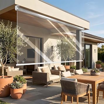 Outdoor Heavy Duty Clear Roller Shades Transparent PVC Vinyl Roll Up Blinds Waterproof Windproof Cordless Roller Shutter for Porch Patio Window Thermal Insulated Draft Stopper