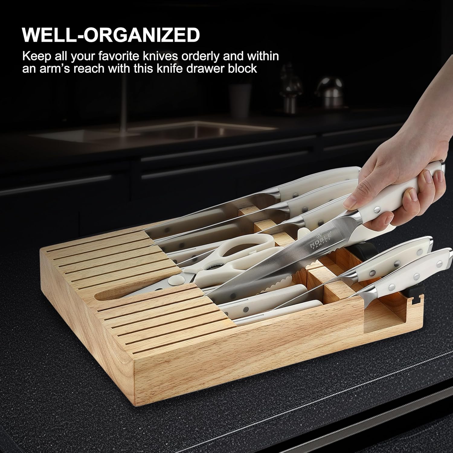 In-drawer Knife Block Set, 16PCS Kitchen Knife Set with Wooden Block, Chopping Knives Set, Stainless Steel Knife Block Set, Sharp Cooking Knife Set with Cutting Board, Rust Proof, White