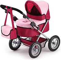 BayerDesign Trendy Doll Pram Stroller for 46cm Dolls - Adjustable Handle, Foldable, Storage Basket - Red Pink Bordeaux