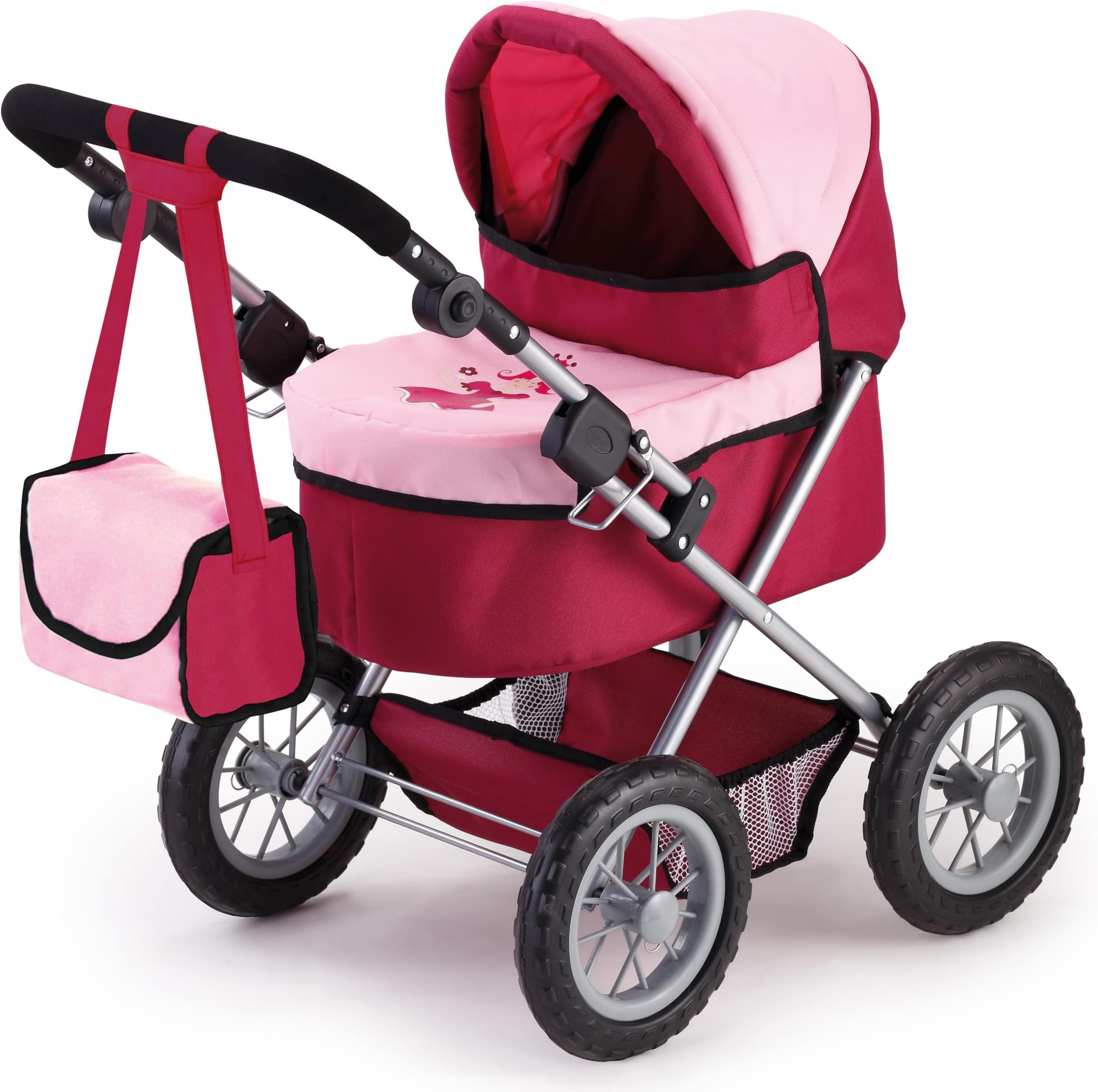 13014AA Dolls Pram Trendy, stroller, foldable, height-adjustable handle, bag, red-pink with princess