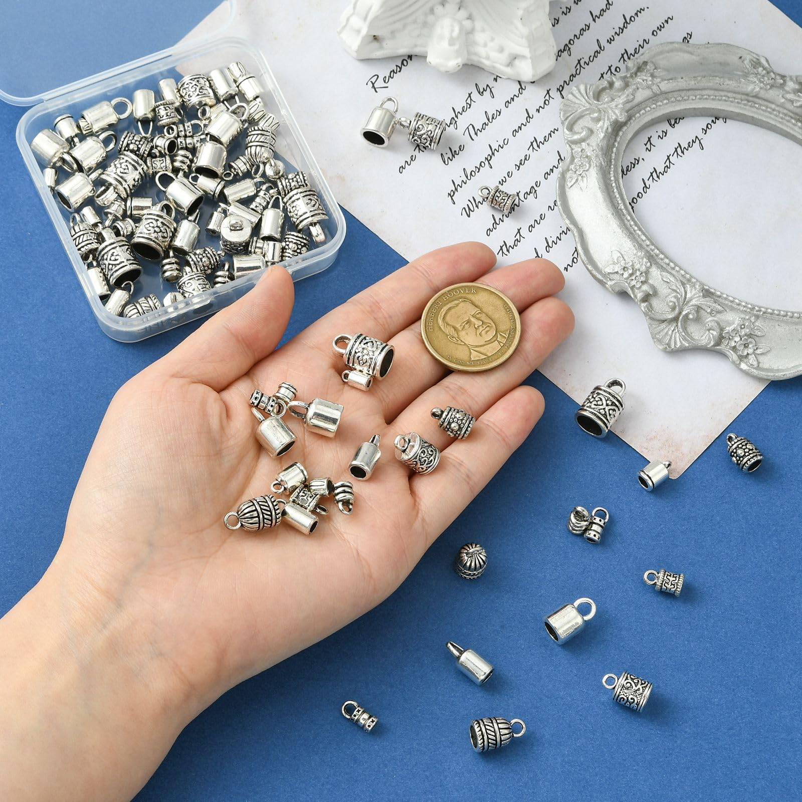 UR URLIFEHALL 90 Pcs Random Tibetan Style Cord End Caps Antique Silver Column Dangle Charms for DIY Jewellery Making Bracelet Necklace - Image 4