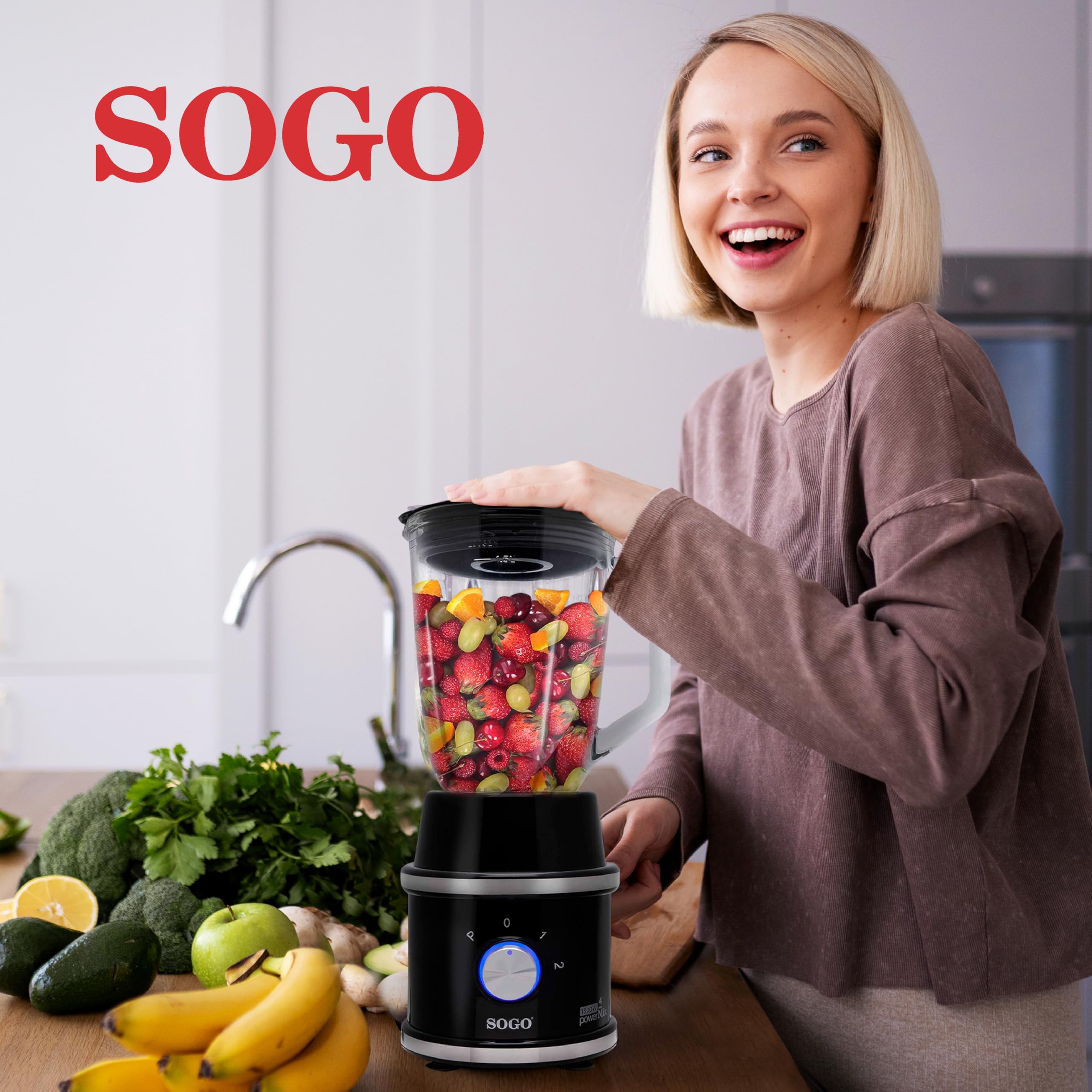 Sogo Blender stołowy, blender do soków, smoothies - maszyna do smoothies maker, rozdrabniacz do żywności ze szklanymi dzbankami 1,5 i 0,3 litra, 2 ostrza, 1300 W, czarny (SS-5545)