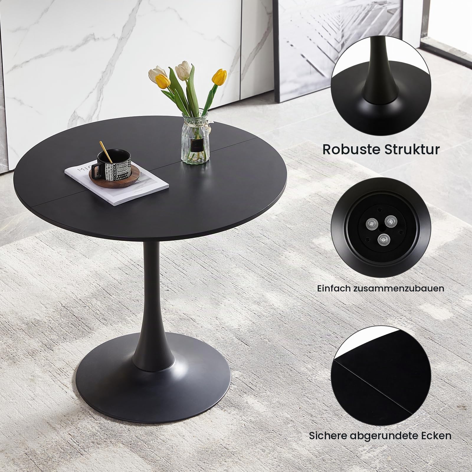 Runder Esstisch mit 4 Stühlen Set, Balkonmöbel Set für Kleinen Balkon, Balkontisch Klein für Garten, Terrasse, Balkon, Schwarzer Tisch (Ø 80 cm) + 4 Schwarze Sessel