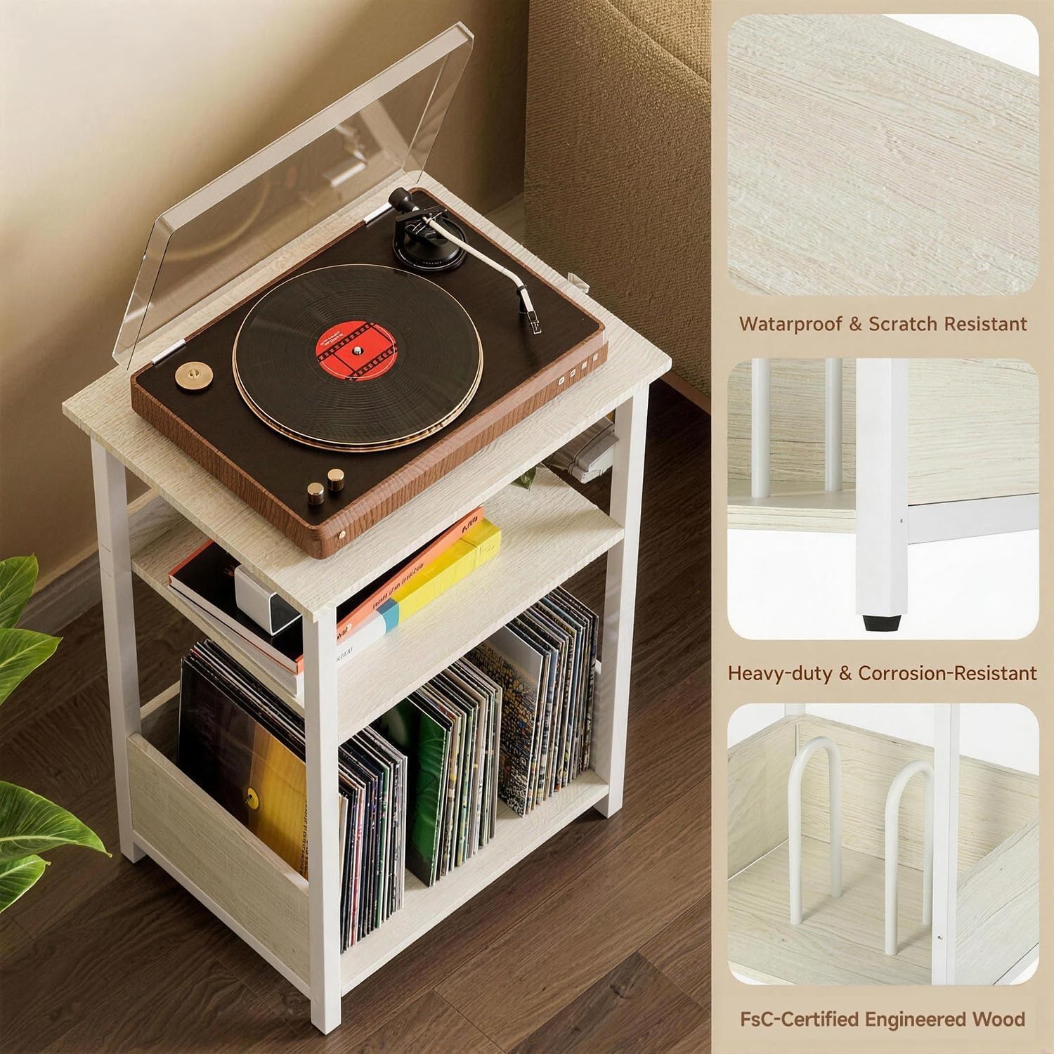 Record Player Stand with Vinyl Storage, 3-Tier Turntable Stand Table Holds 75+ Albums, Heavy Duty Media Console End Table for Living Room Bedroom, White Oak Wood Metal Audio Rack