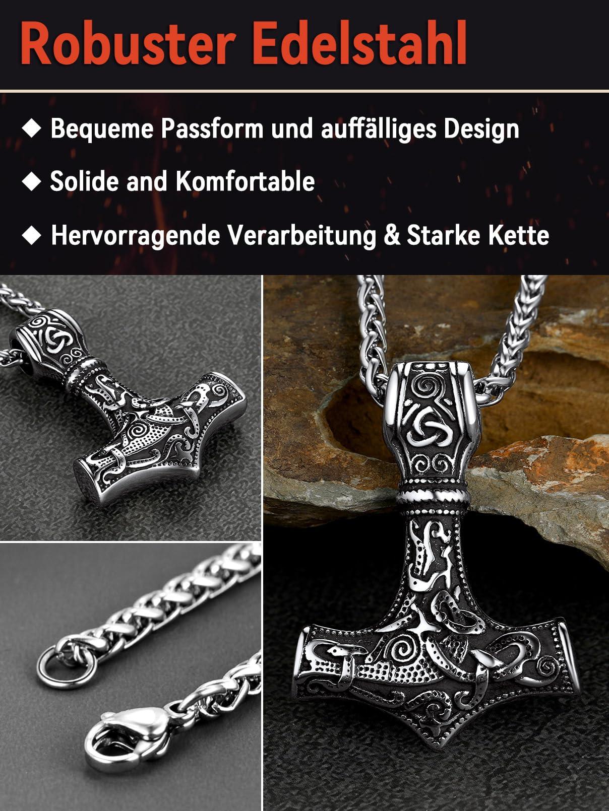 FaithHeart Halskette Herren Edelstahl Wikinger Mjölnir Kette für Jungen Schmuck für Weihnachten Geburtstag