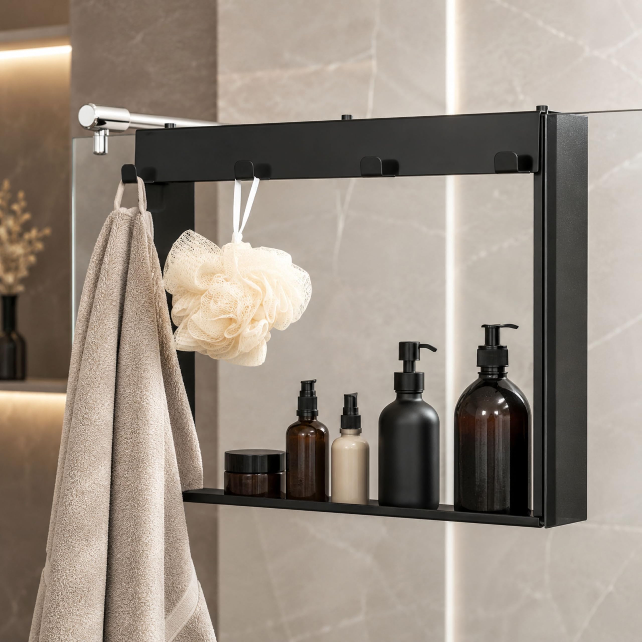 Edelstahl Duschablage zum Hängen ohne Bohren für die Glastür/Glaswand - Duschregal zum Einhängen mit 4 Haken - Regal für Glasduschwand als Duschkorb und Organizer für Badezimmer (schwarz)