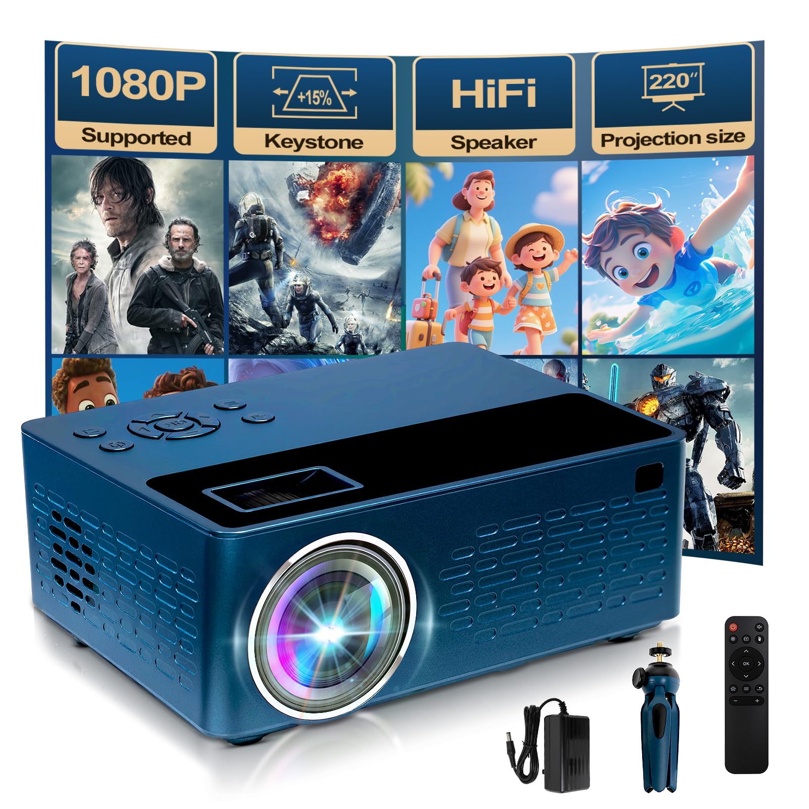 Smart support for 4K projectors,Comes with a mini stand ,Mini Projector with Stereo Speaker,1080P Full HD Portable Projector, Compatible with TV Stick