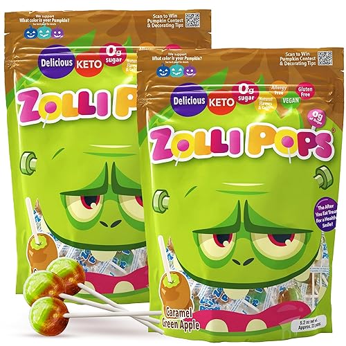 Zollipops Caramelo y manzana verde, 10.4 onzas, sin azúcar, sin alergias, vegano, apto para dieta cetogénica y diabética, caramelo de dientes limpios