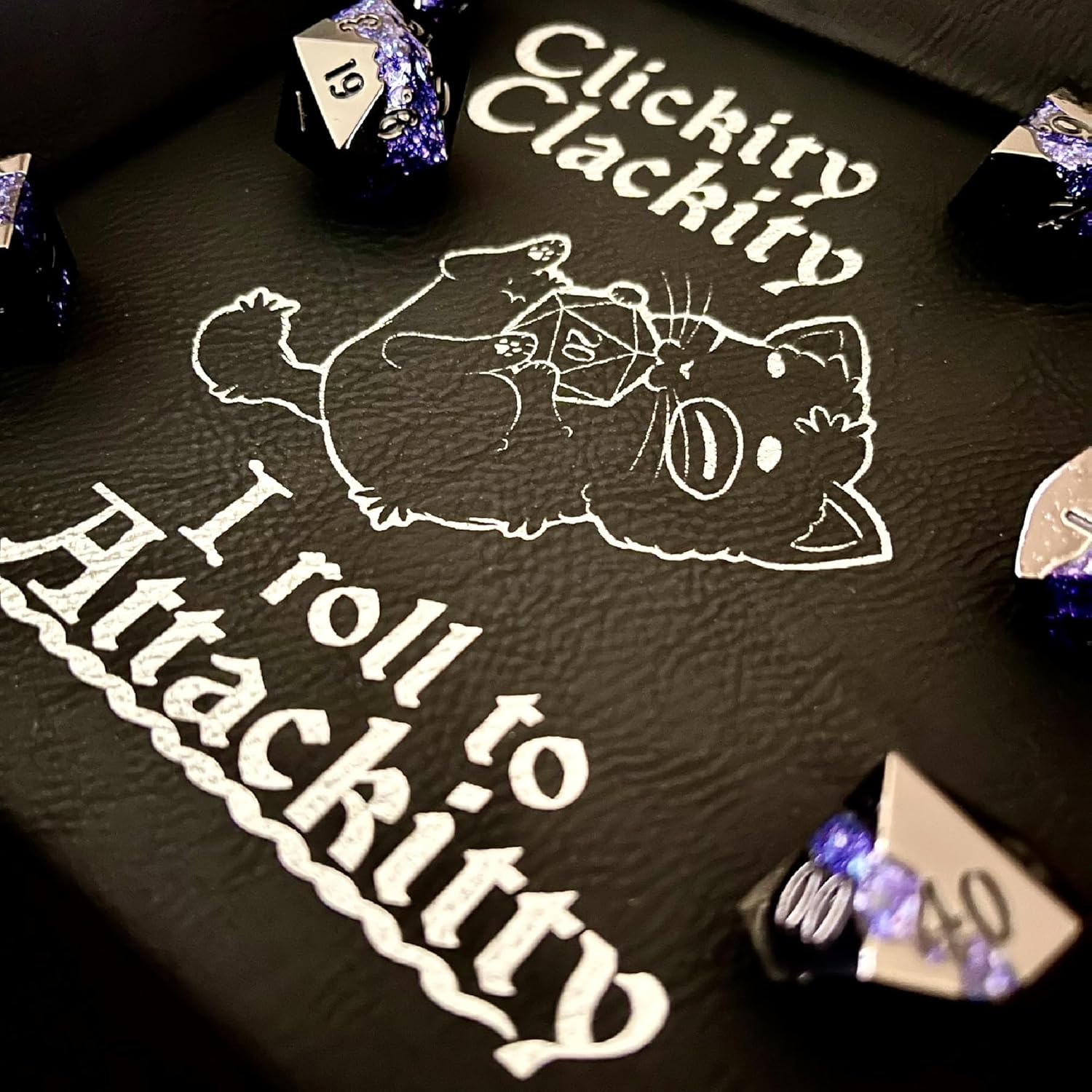 Clickity Clackity Attackitty Cat Dice Tray DnD, Vegan Leather, Gift, Made by LaserTavern (Black/Silver)