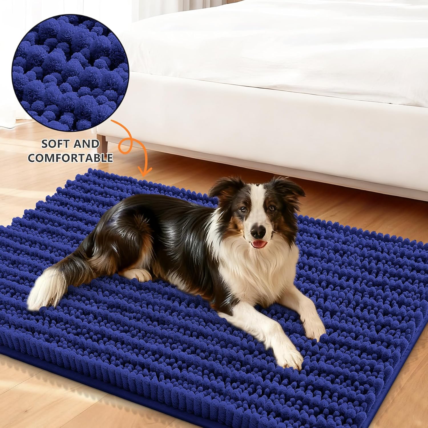 smiry dog door mat for muddy paws 24x16, absorbent dirt trapper, non-slip washable chenille entryway rug for inside floor, navy blue, layered pattern layered pattern layered-navy blue 24"x16"
