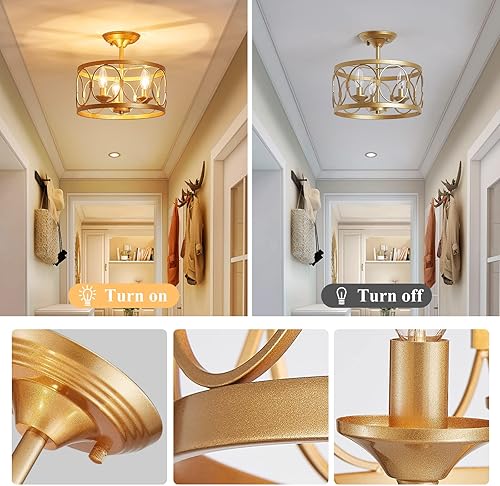 Miniatura 4 de LOOYD Lámpara de techo semiempotrada de 3 luces, lámpara de techo de granja para cocina, dormitorio, sala de estar, cocina, pasillo (dorado)