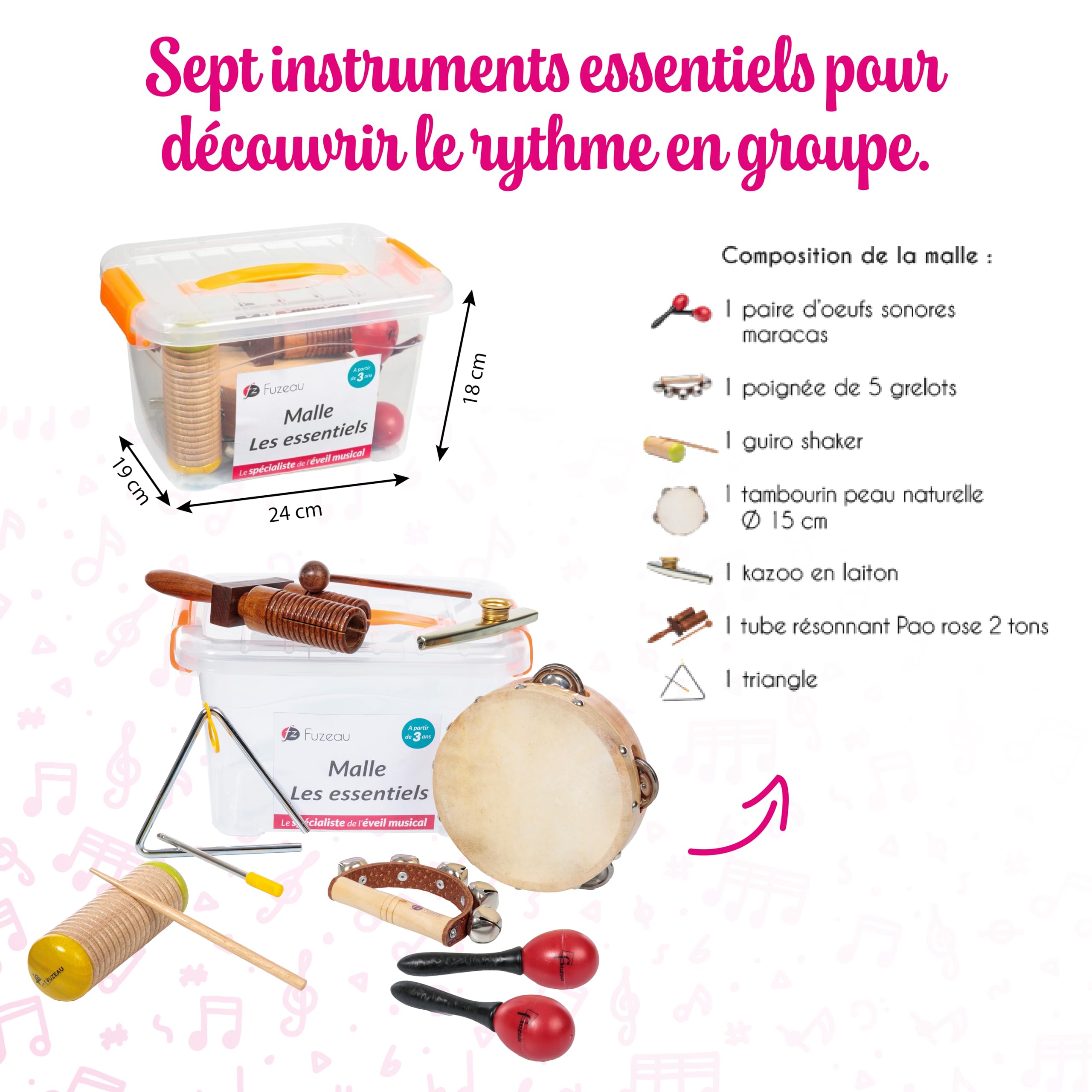 Fuzeau - Coffret « Les Essentiels » 7 Instruments De Percussion – Tambourin, Maracas, Wood Block, Grelots, Triangle, Clochettes, Castagnettes – Rangement Compact – Enfants Dès 3 Ans - Réf. 71483