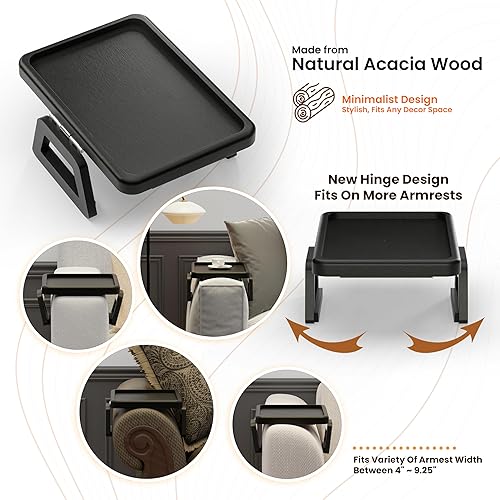 Miniatura 2 de Tinamo Bandeja de brazo de sofá de acacia, mesa rectangular para reposabrazos de sofá, accesorios de sofá, organizador para sillón, bandeja con clip