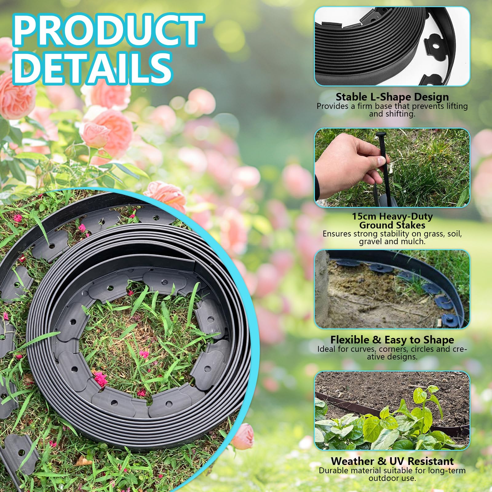 Bordo per Aiuole da Giardino 10 m con 60 Picchetti – Bordura per Prato in Plastica Flessibile, Altezza 10 cm – Separatore per Aiuole e Vialetti, Nero
