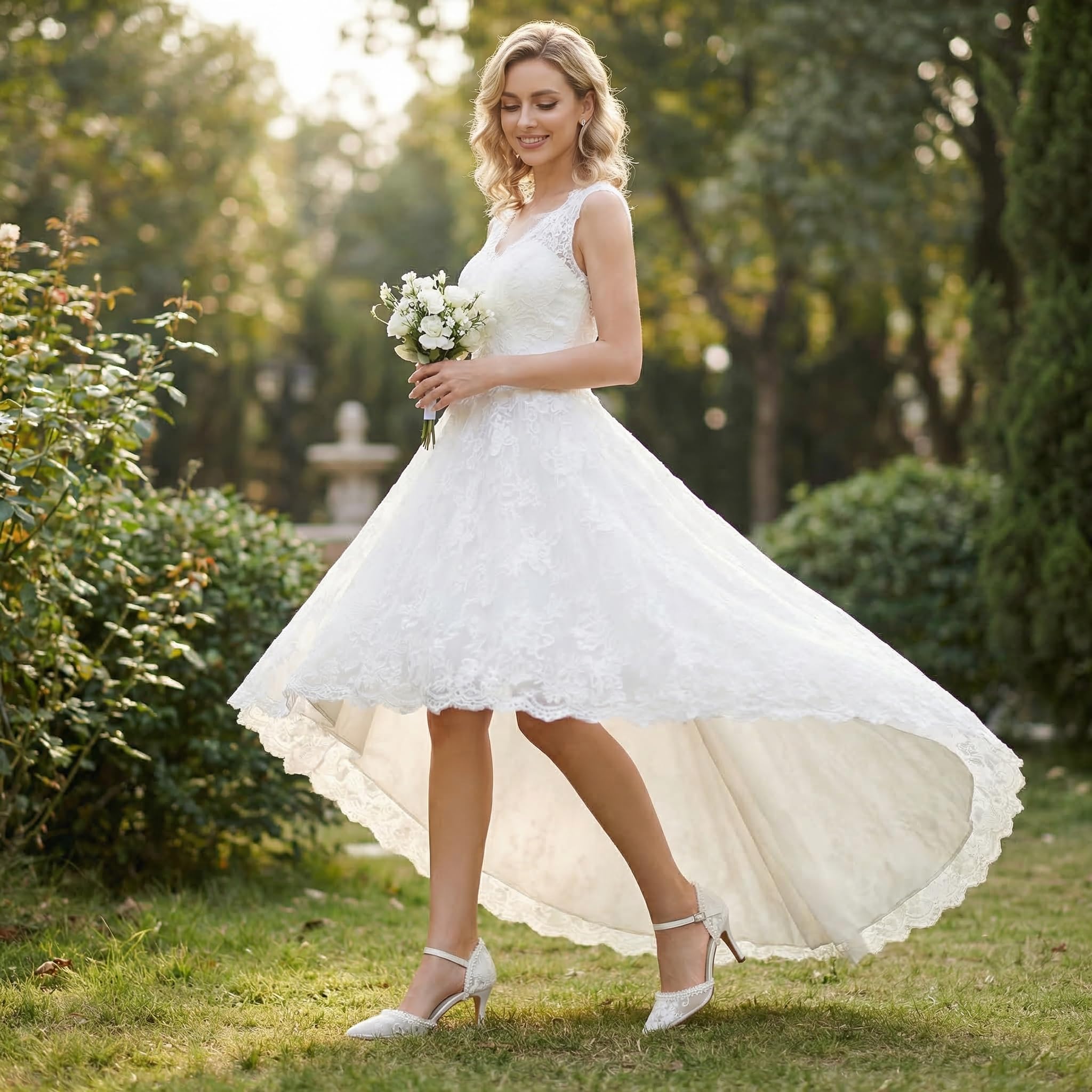 Elivandon 870174 Damen Spitze Hochzeit Absätze Spitz Zehe Perlen 8 cm Mittlerer Absatz Schnalle Braut Pumps Hochzeitsschuhe
