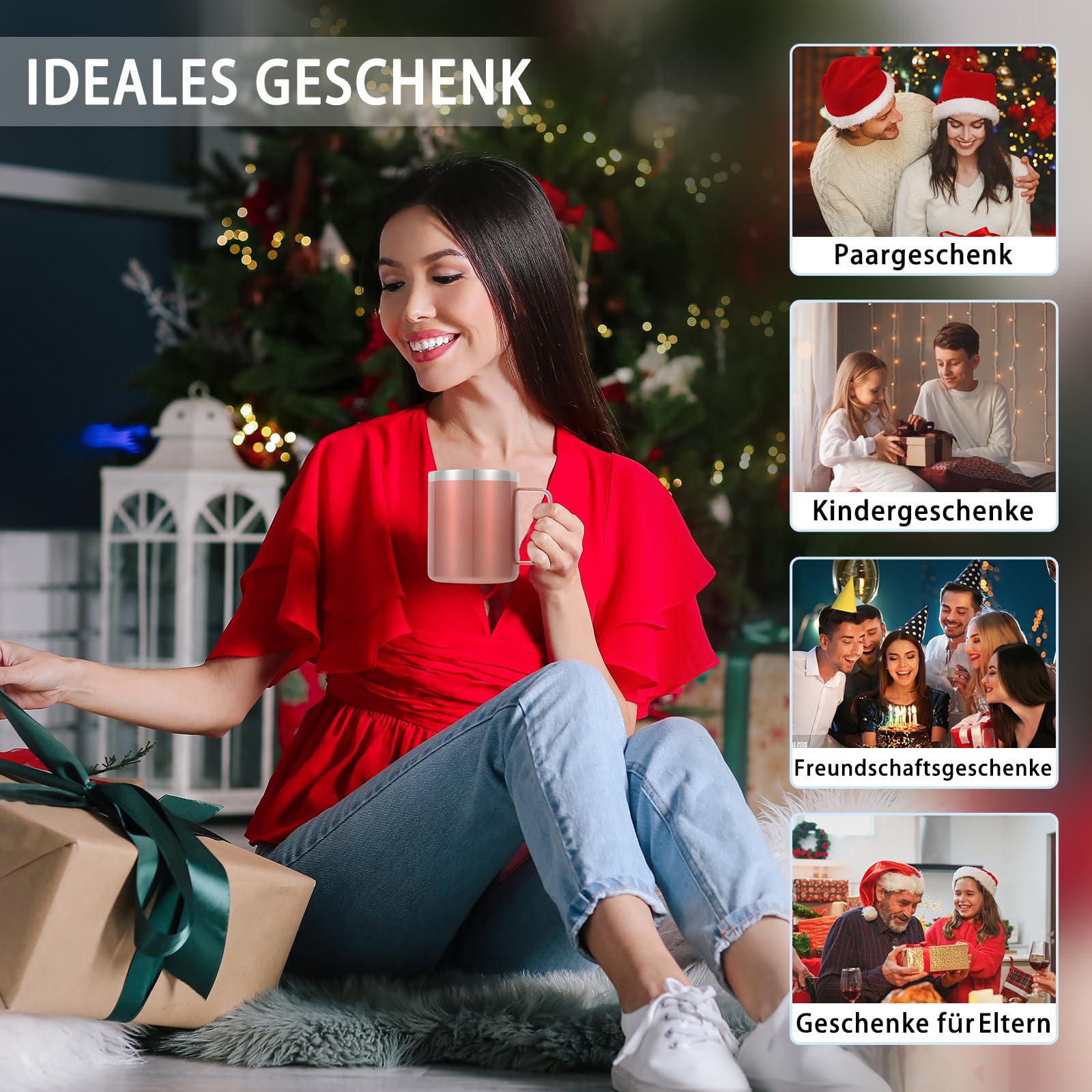 Volhoply 420ml Kaffee-Thermobecher, doppelwandiger Vakuum-isolierter Edelstahlbecher mit Griff, lebensmittelechter 18/8-Edelstahl, hält Getränke heiß und kalt für Camping, Büro (Mehrfarbig, 4er-Set)