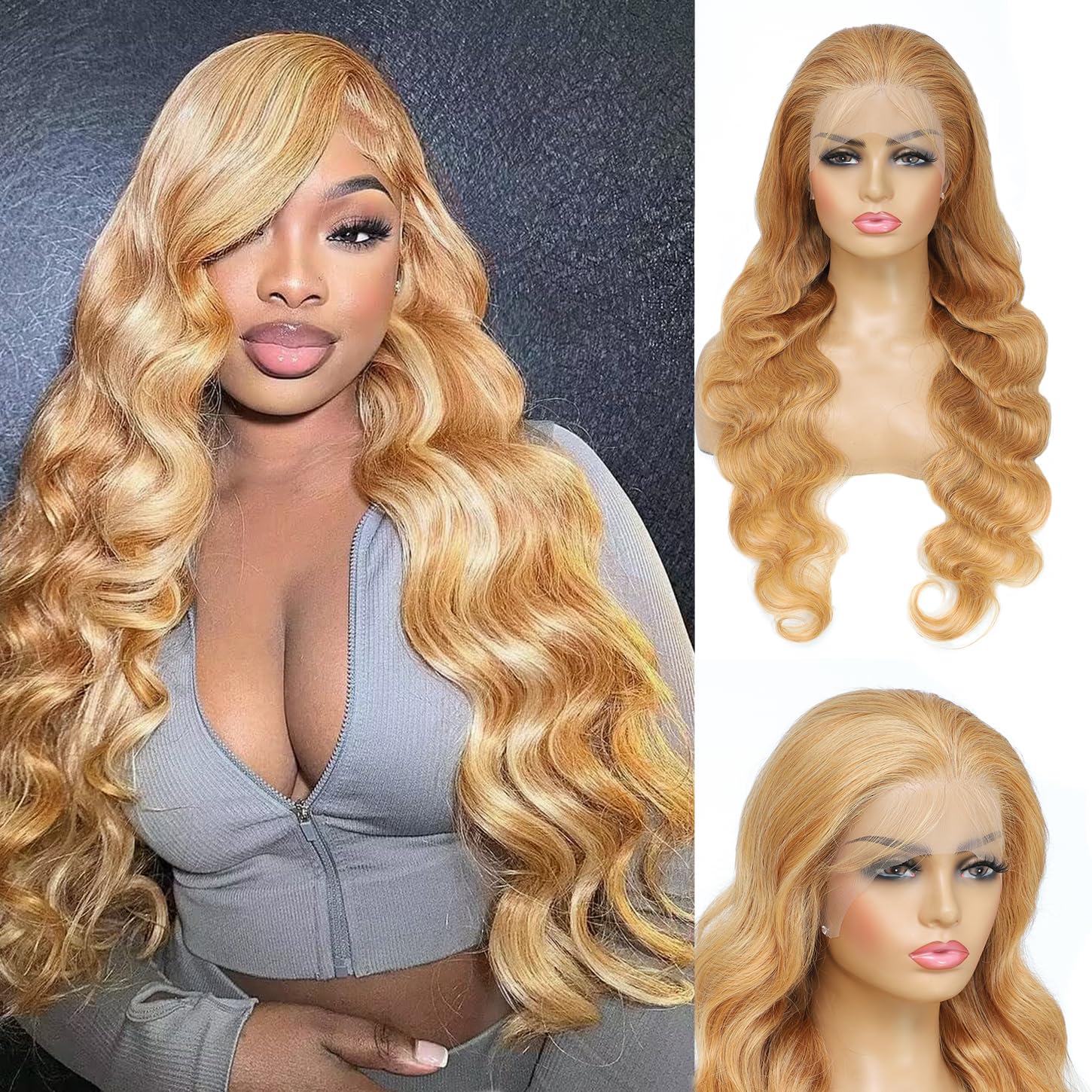 Honey Blonde Wig Human Hair 13x6 Body Wave Hd Lace Front Wigs Human Hair Pre Plucked 27# Colored Blonde Lace Frontal Wig 180% Density Real Hair Wavy Human Lace Front Wigs For Black Women 30Inch