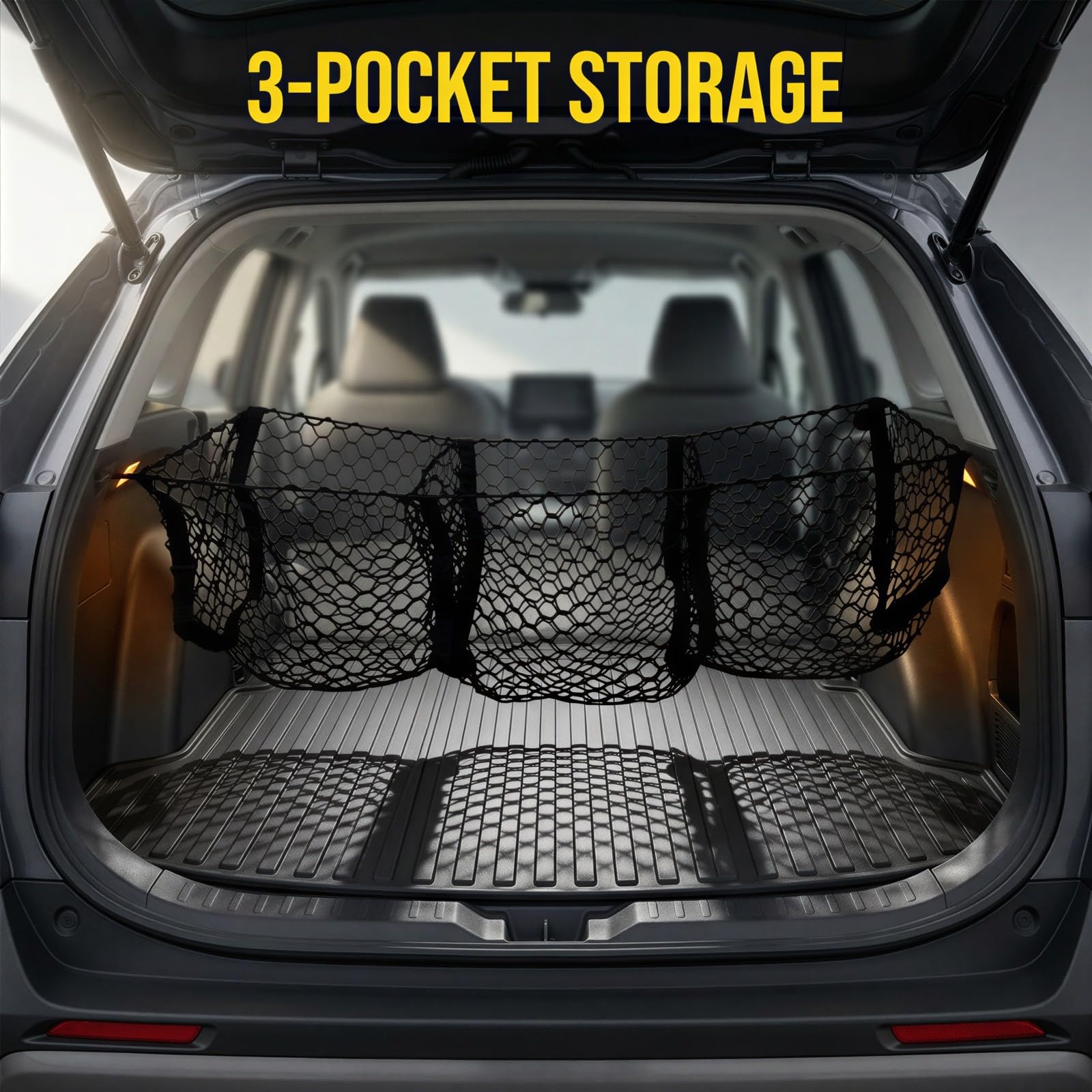 Generisch Kofferraumnetz für Auto, 43 x 12 in, dehnbarer 3-Taschen-Netz-Organizer, schwarzes Mesh-Aufbewahrungsnetz mit Montageset für Pickup, Kofferraum und Ladefläche, für Einkäufe und Zubehör