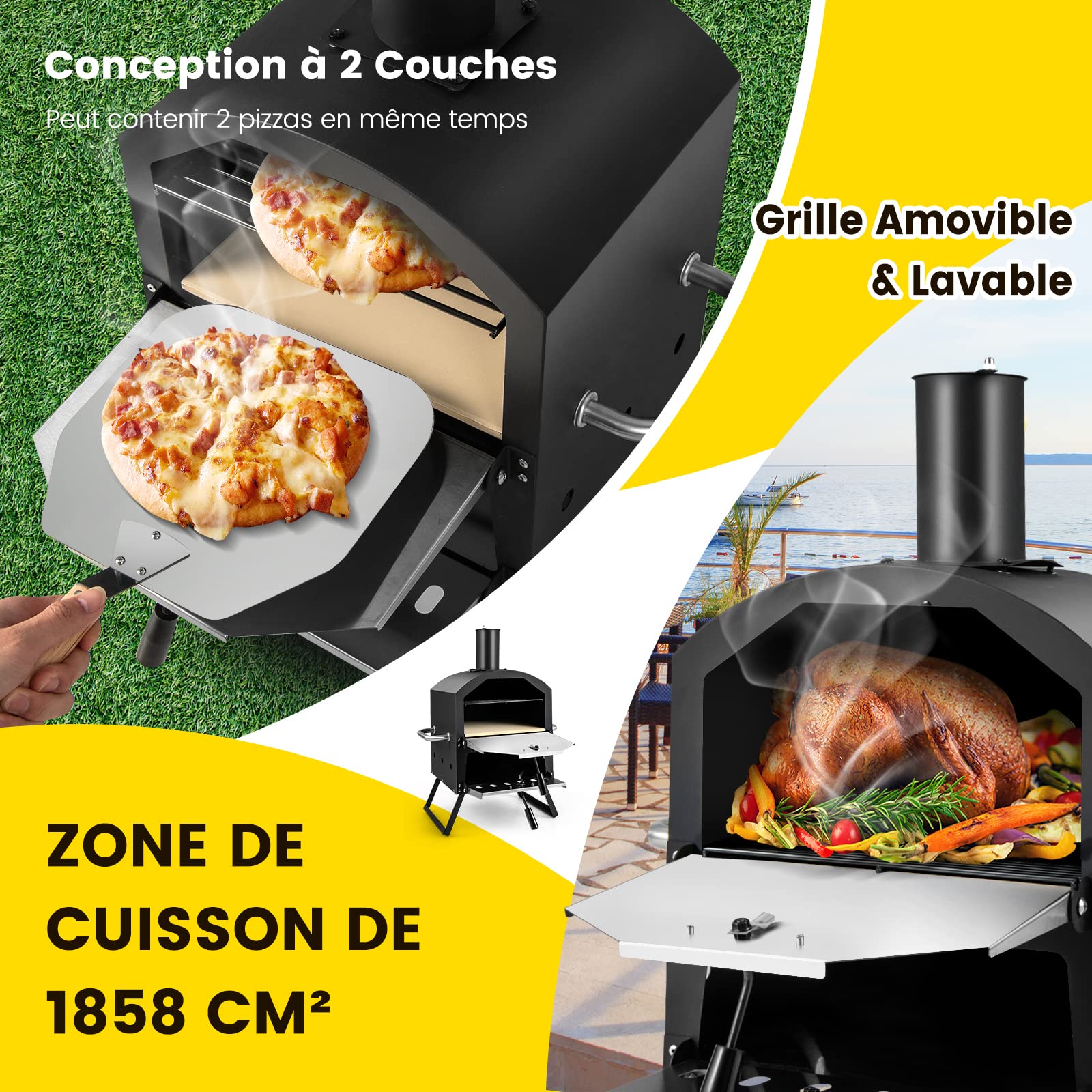 COSTWAY Four à Pizza Extérieur 2 Couches Acier Portable avec Pierre à Pizza, Grille, Pelle, Housse Etanche