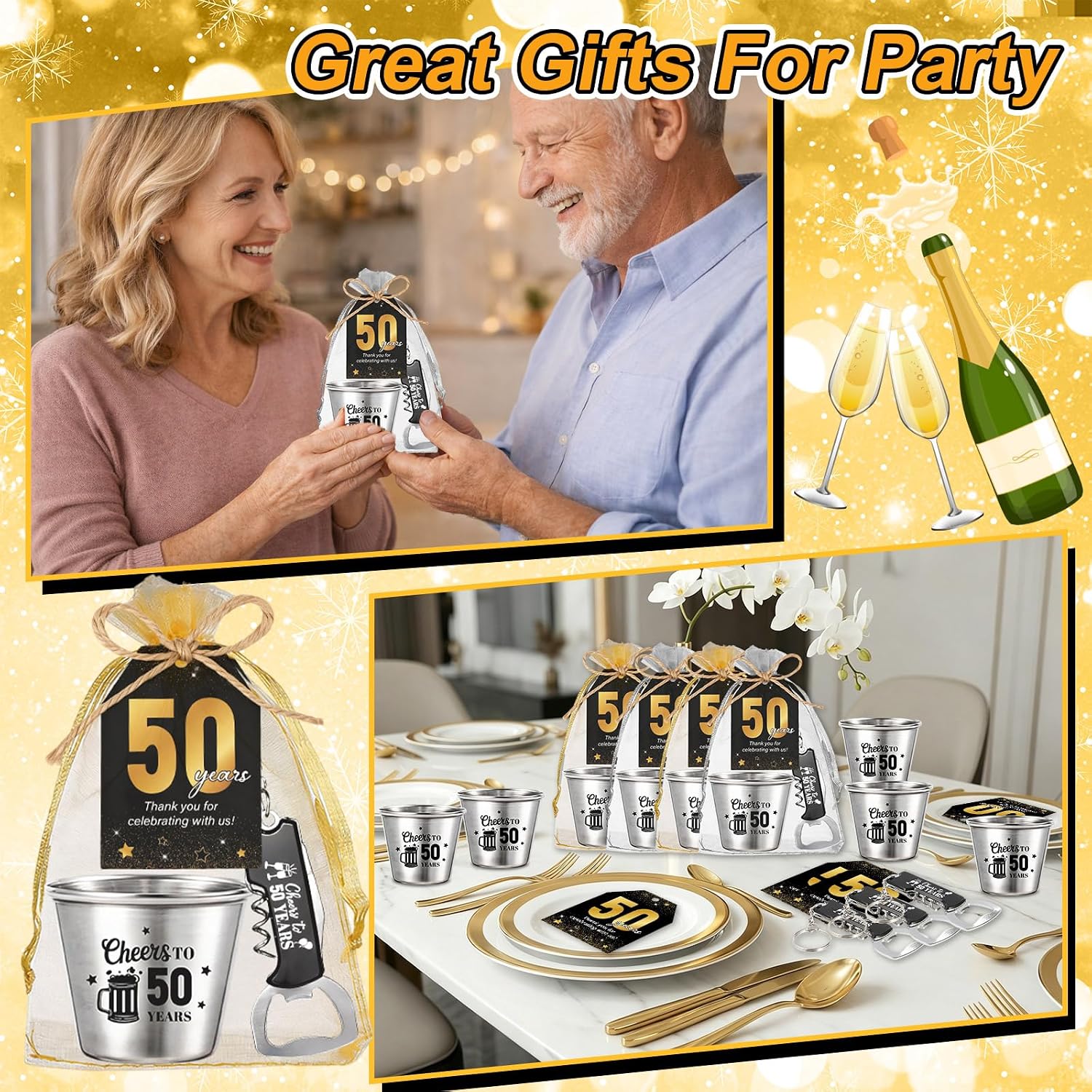 60 Sets 50th Birthday Party Favors Cheers to 50 Years Bottle Opener Short Cups Bulk Thank You Cards Anniversary Keychains with Ropes and Organza Gift Bags for Birthday Party Souvenirs Gifts