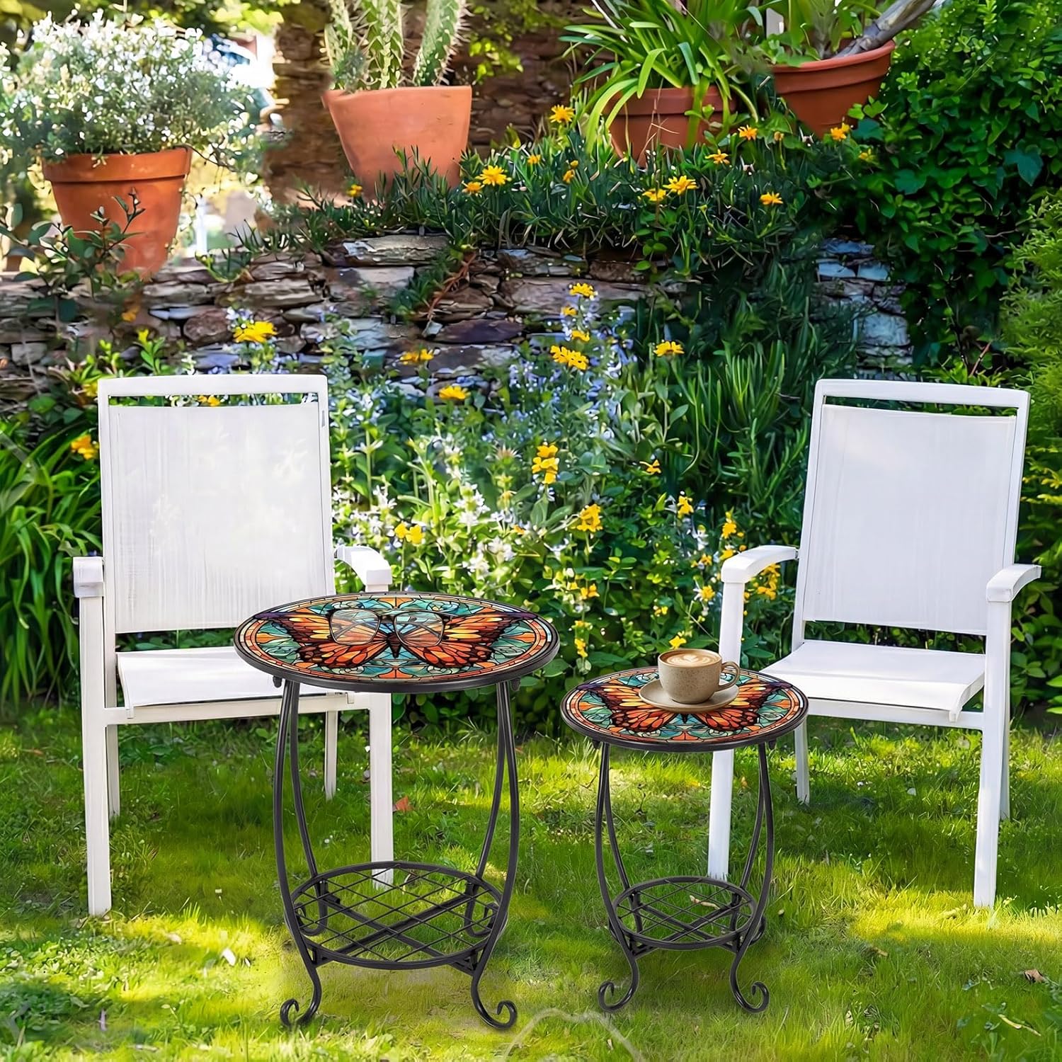 Cinnvoice 2 Pcs Outdoor Side Table Small Patio Round Mosaic Accent End Table Indoor Plant Metal Coffee Tea Tables for Patio Yard Porch Garden Living Room(12" and 16",Butterfly B Style)