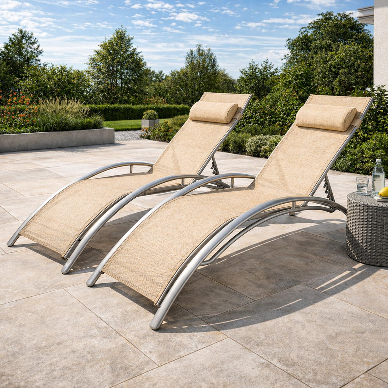 Set 2 Lettini Prendisole Reclinabili Con Schienale Regolabile 5 Posizioni Traspirante Per Piscina Terrazza Relax Outdoor 59 x 158 x 81.5 Cm Beige