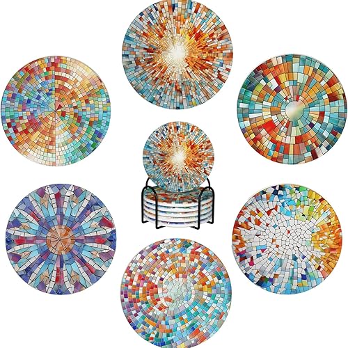 Miniatura 18 de Juego de 6 posavasos bohemios para bebidas, piedra absorbente con soporte, posavasos de cerámica con flor de mandala para protección de mesa, Flor