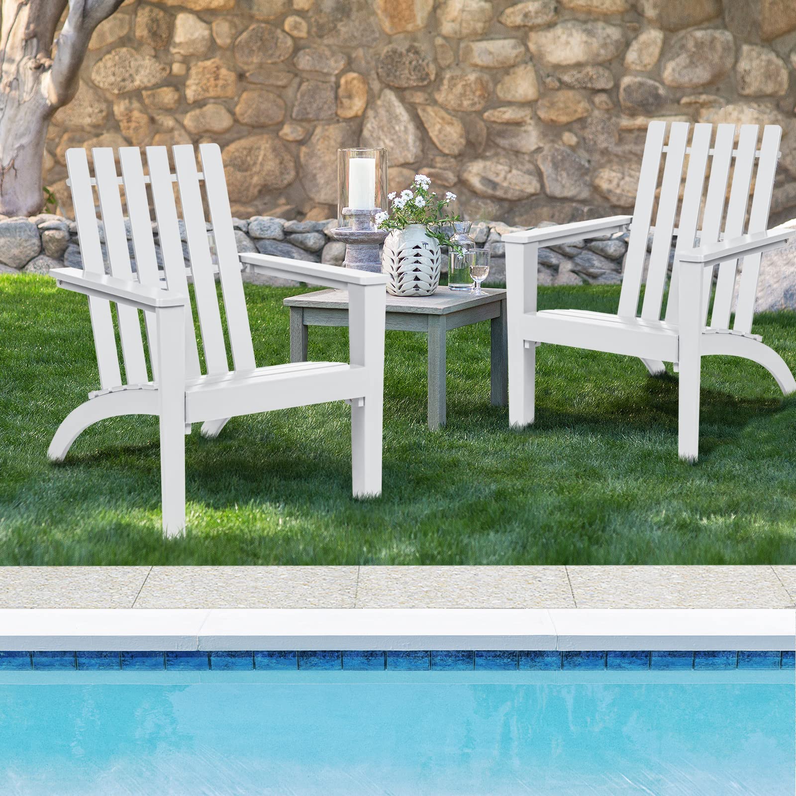 GOPLUS Silla Adirondack de Madera de Acacia, Silla de Jardín con Respaldo y Reposabrazos, Sillón Ergonómica para Terraza Piscina Patio Playa, 68x73x86CM, Carga hasta 160KG (Blanco)