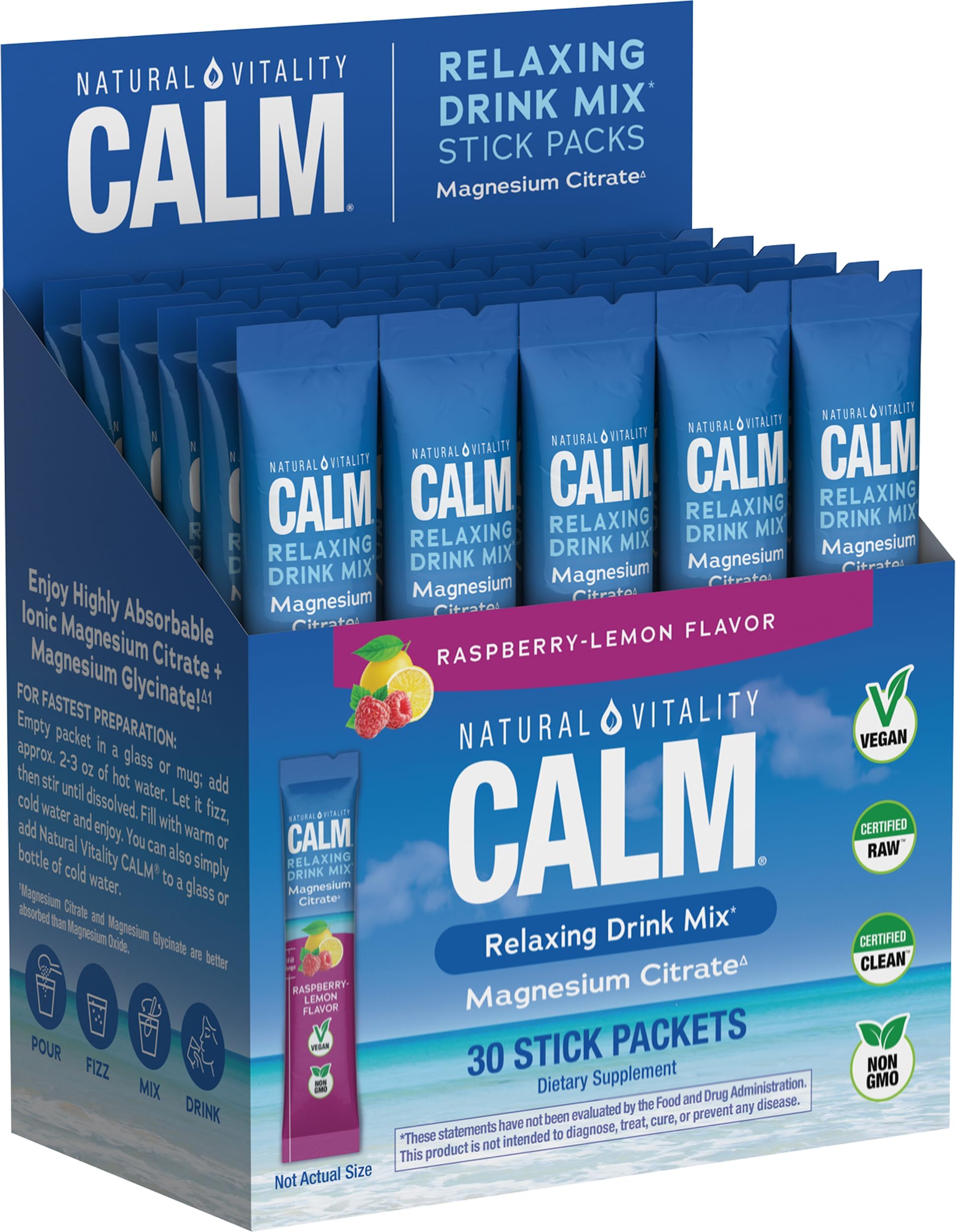 Calm, Magnesium Citrate Supplement, Anti-Stress Drink Mix Powder - Gluten Free, Vegan, & Non-GMO, Raspberry Lemon, 0.12 oz, 30 Packets
