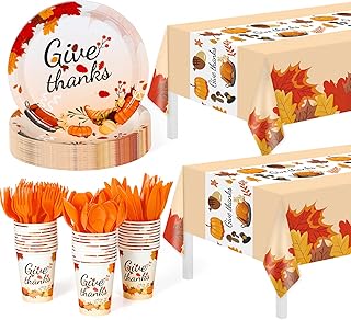 Childom 152Pcs Thanksgiving Plates and Cups,Disposable Thanks Giving Dinnerware Set,Thanksgiving Decorations,Thanks Giving Party Supplies,Give Thanks Tablecloth Plates Cups Forks Knives Spoon,Serve 30