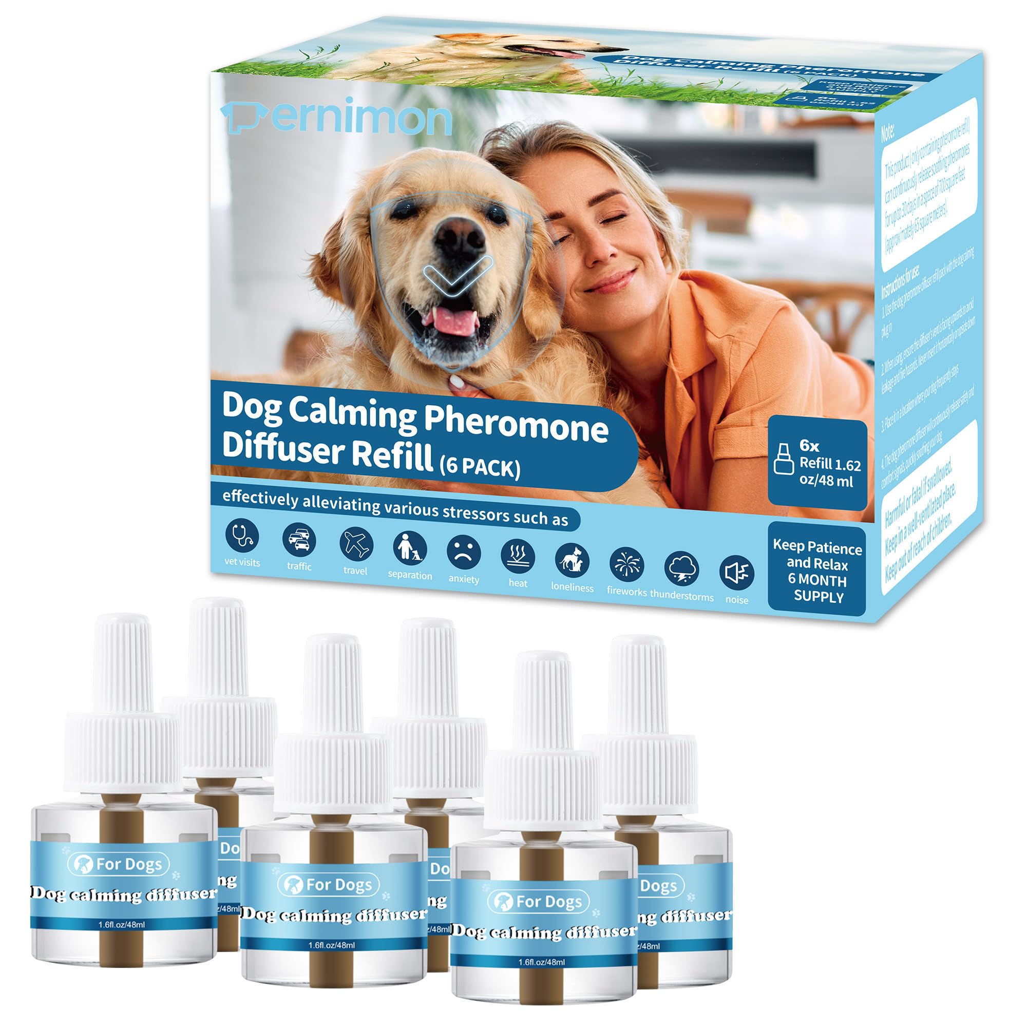 Ricarica per diffusore calmante per cani, confezione da 6 ricariche per diffusore terapeutico per alleviare l'ansia del cane, ricariche per diffusore di feromoni calmanti per cani per ridurre