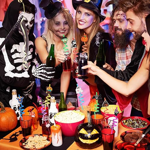 Miniatura 6 de JANYUN Pajitas de Halloween, 20 popotes de plástico reutilizables, regalos de fiesta de Halloween para niños, lindos murciélagos, calabaza, gato,