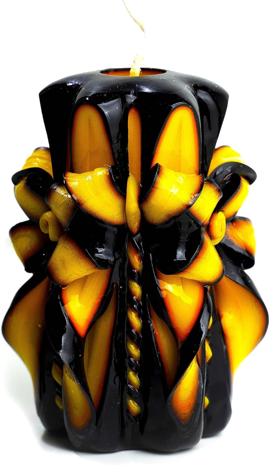 Carved Candle Artisan, Handcrafted Decorative Dipped, Home Decor, Fancy Unique Birthday Gift, New Year, Thanksgiving, Christmas, Gift for mom, Black Yellow, Dark Night Flower 5"