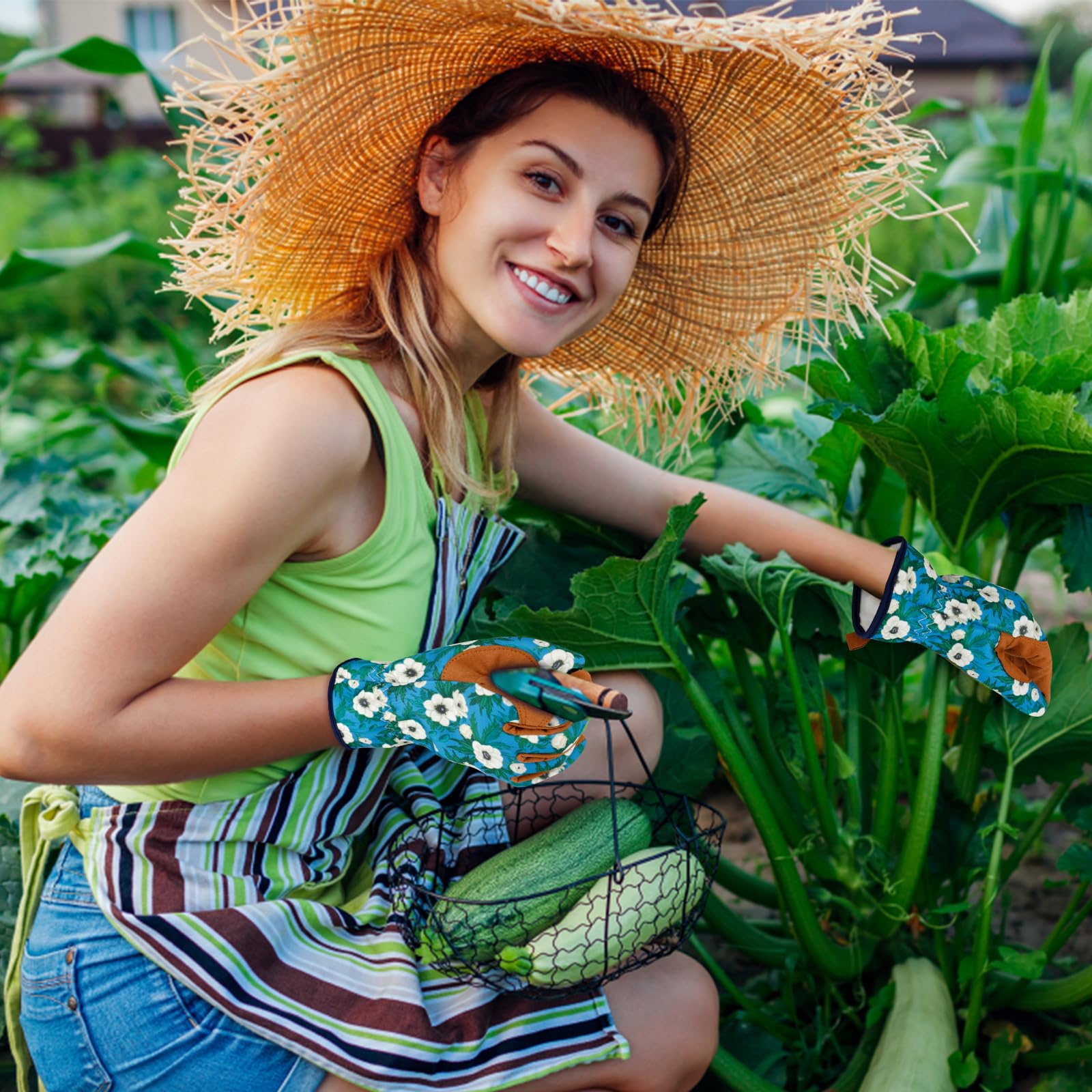 Gants de jardinage en cuir pour femme - Gants de jardin résistants aux épines - Gants de travail pour écran tactile - Cadeaux de jardinage - Fleurs blanches