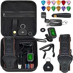 Kit de acessórios de guitarra com alça, capo, palhetas, afinador de guitarra, enroladores de cordas de guitarra, guitarras premium, presentes de guitarra ideais para homens, iniciantes e profissionais
