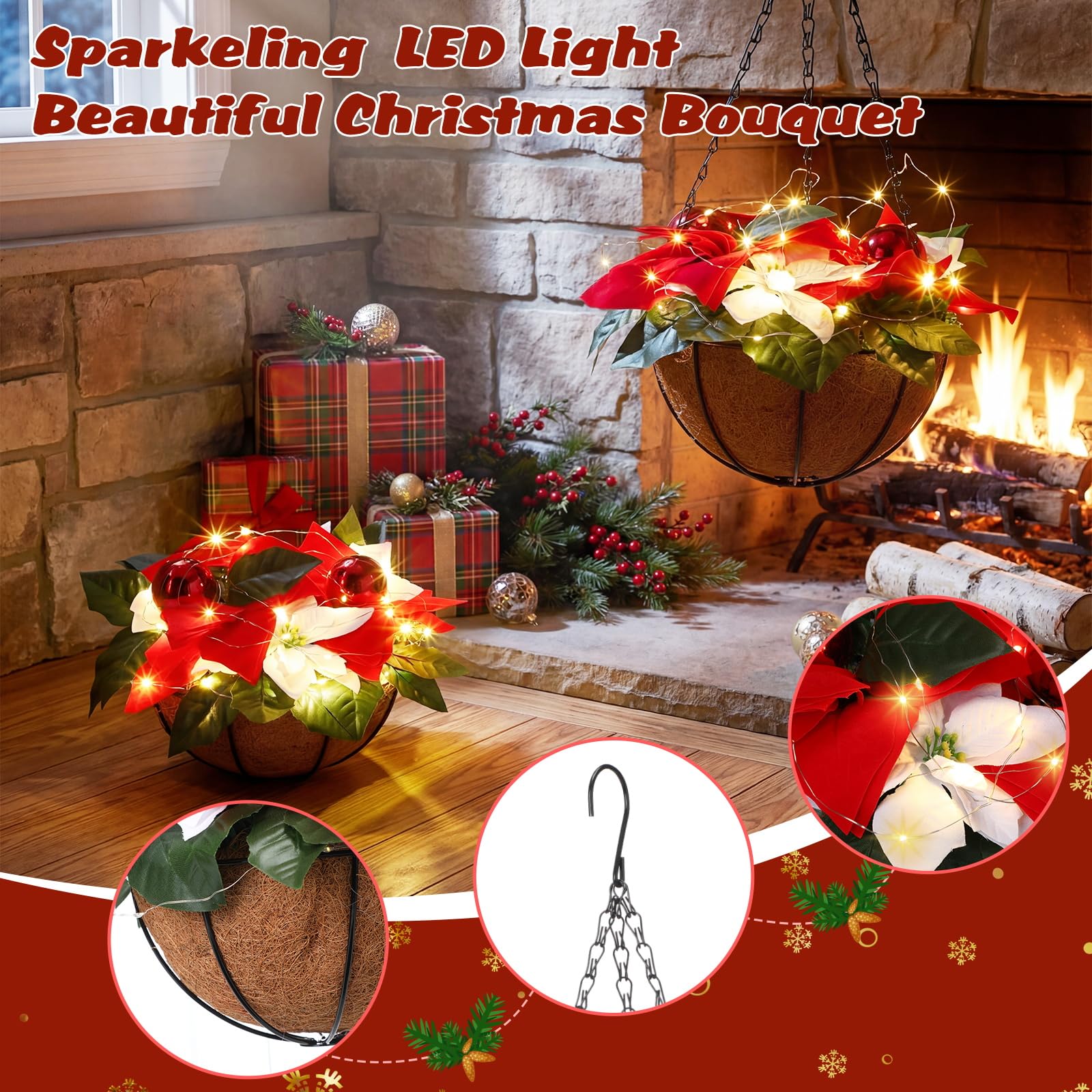 HyDren Lot de 2 fleurs de poinsettia artificielles pré-éclairées à suspendre pour intérieur ou extérieur, jardin, terrasse, porche (rouge et blanc)