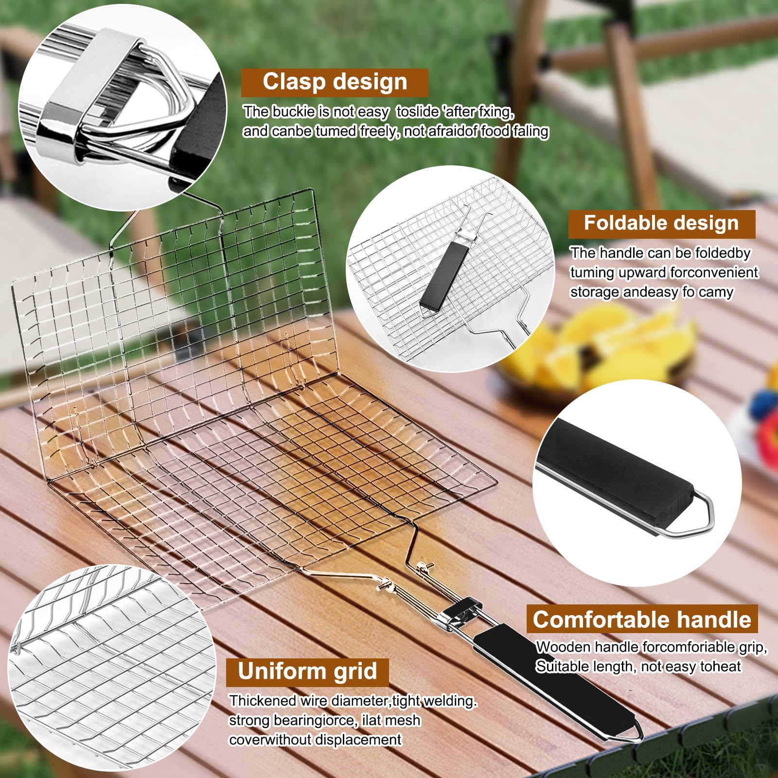 Panier de Barbecue Pliable 32 x 22 cm Acier Inoxydable avec 2 Brosses Silicone pour Poisson Crevettes Légumes Steak