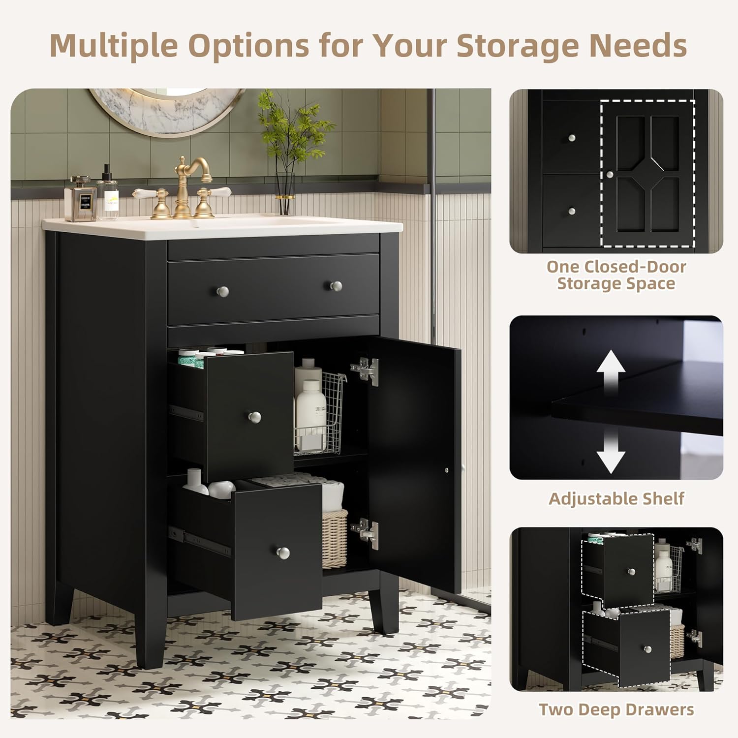 Virubi Bathroom Vanity with Ceramic Sink – 24 Inch Modern Cabinet with White Countertop, Storage Drawers & Doors – Faucet Not Included – Elegant Vanity for Bathroom, Powder Room, or Guest Bath