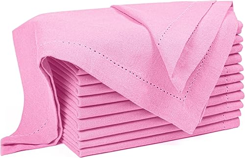 Palisa Juego de 12 servilletas de tela con detalles de dobladillo y esquinas ingletadas, 18 x 18 pulgadas, color rosa, servilletas reutilizables de
