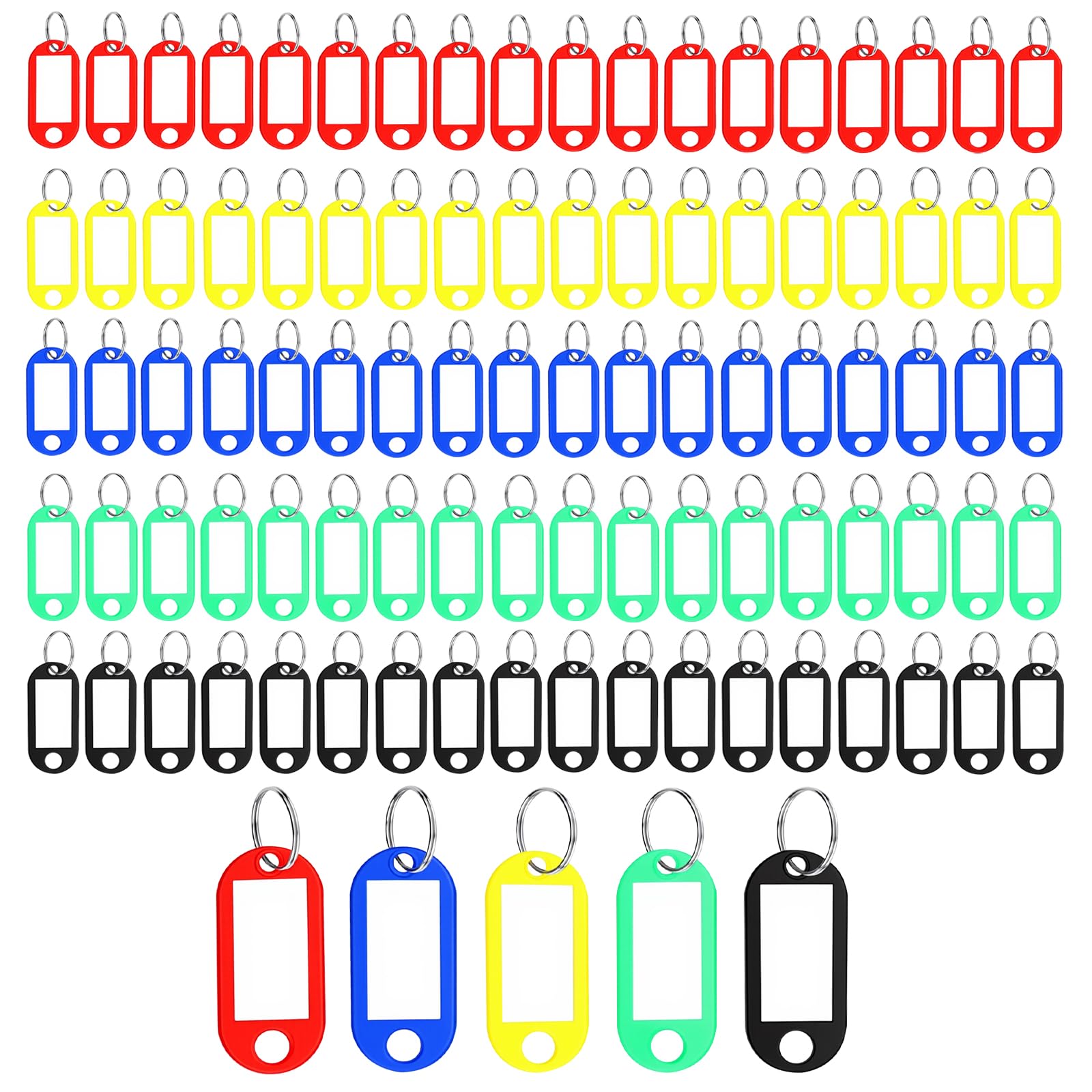 HONYUET 100 PCS Plastic Key Tags, 5 Colors Split Ring Label Holders, 5 x 2.2cm Keyring Tags for House Office Organization