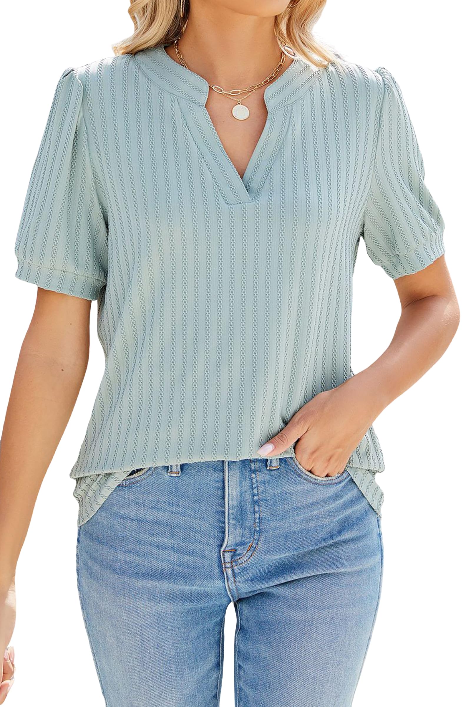 Atxnn Blusa Mujer con Cuello en V Camiseta Elegantes de Canalé Camisa Suave de Verano Tops de Manga Corta Puff