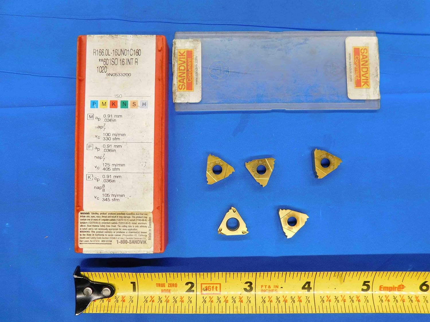 M & J Tooling LLC 5pcs New SANDVIK COROMANT R166.0L-16UN01C160 1020 TiN Carbide Threading Inserts - BR4935TBB1