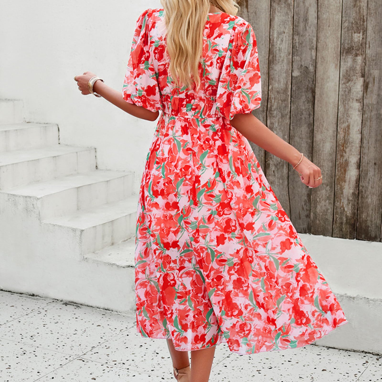 Vestido Bohemio de Verano para Mujer, Elegante Vestido Midi Floral con Cuello en V, Vestido Playero Fluido para Mujer