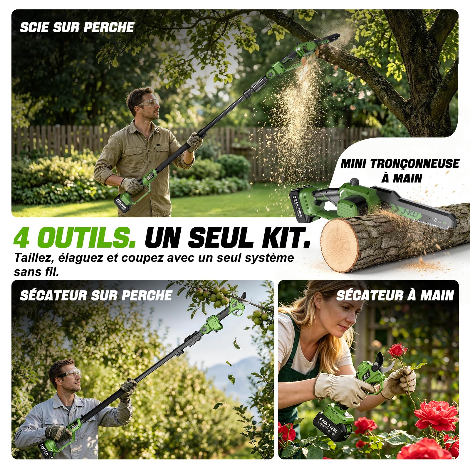 J-KU Podadora de Altura 4 en 1 a Batería, Mini Motosierra 20 cm (8") y Tijeras de Podar Eléctricas 35 mm, Pértiga Telescópica hasta 2,6 m, 2×4000 mAh, Herramientas de Jardín