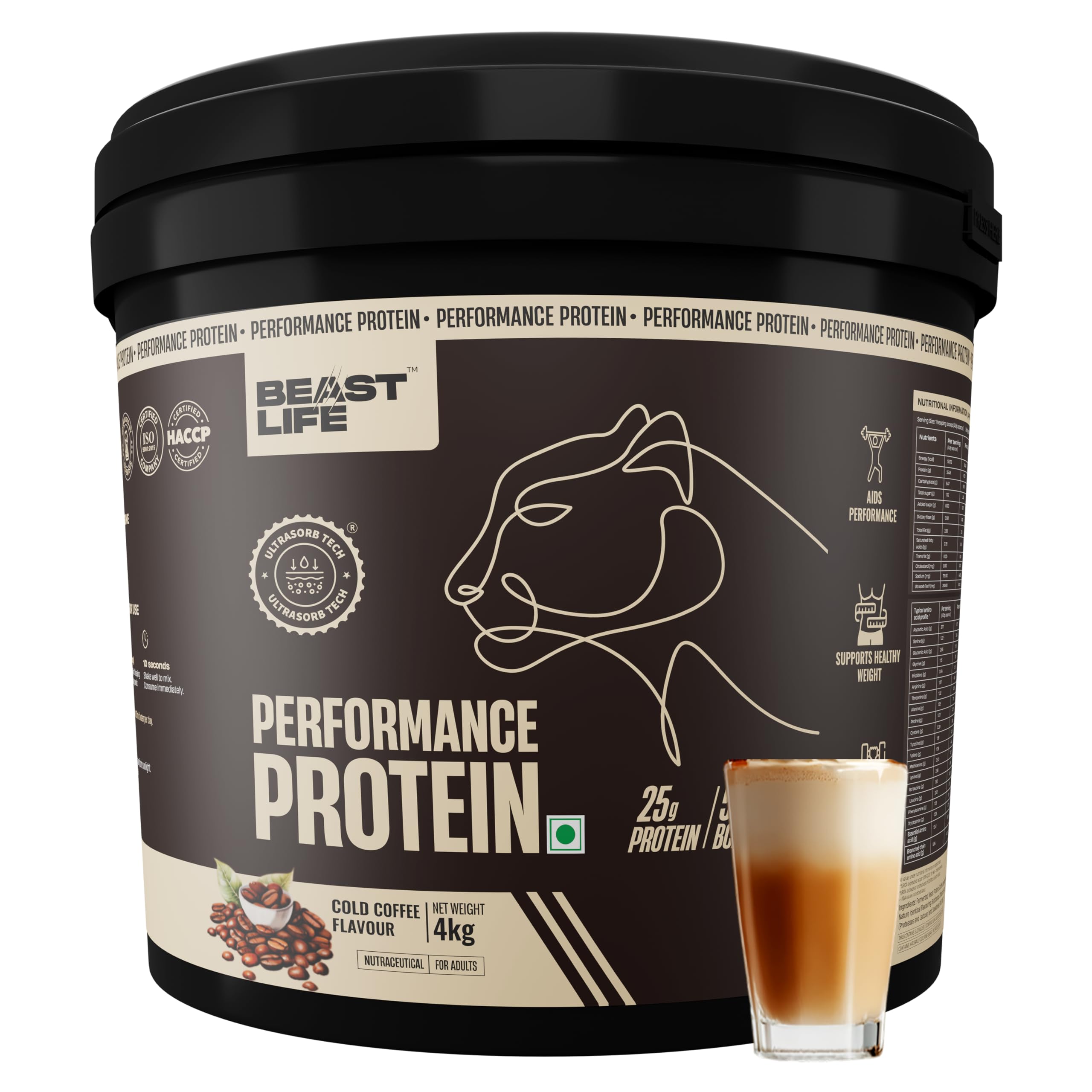 BeastLife Performance Yeast Protein Powder | 25g Protein | Cold Coffee |NABL Lab Certified | High Absorption for Muscle Growth |Smooth & Light, Easy to Digest with Ultrasorb Tech|5.64g BCAA | Best For Gut | Beta Glucan | Improves Immune Function | 4 Kg