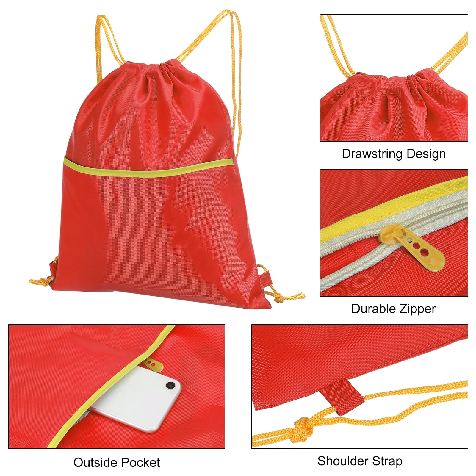 PATIKIL Drawstring Backpack Bag, Drawstring Gym Bag String Backpack with W Zipper Side Pocket for Women Men Red - Image 4