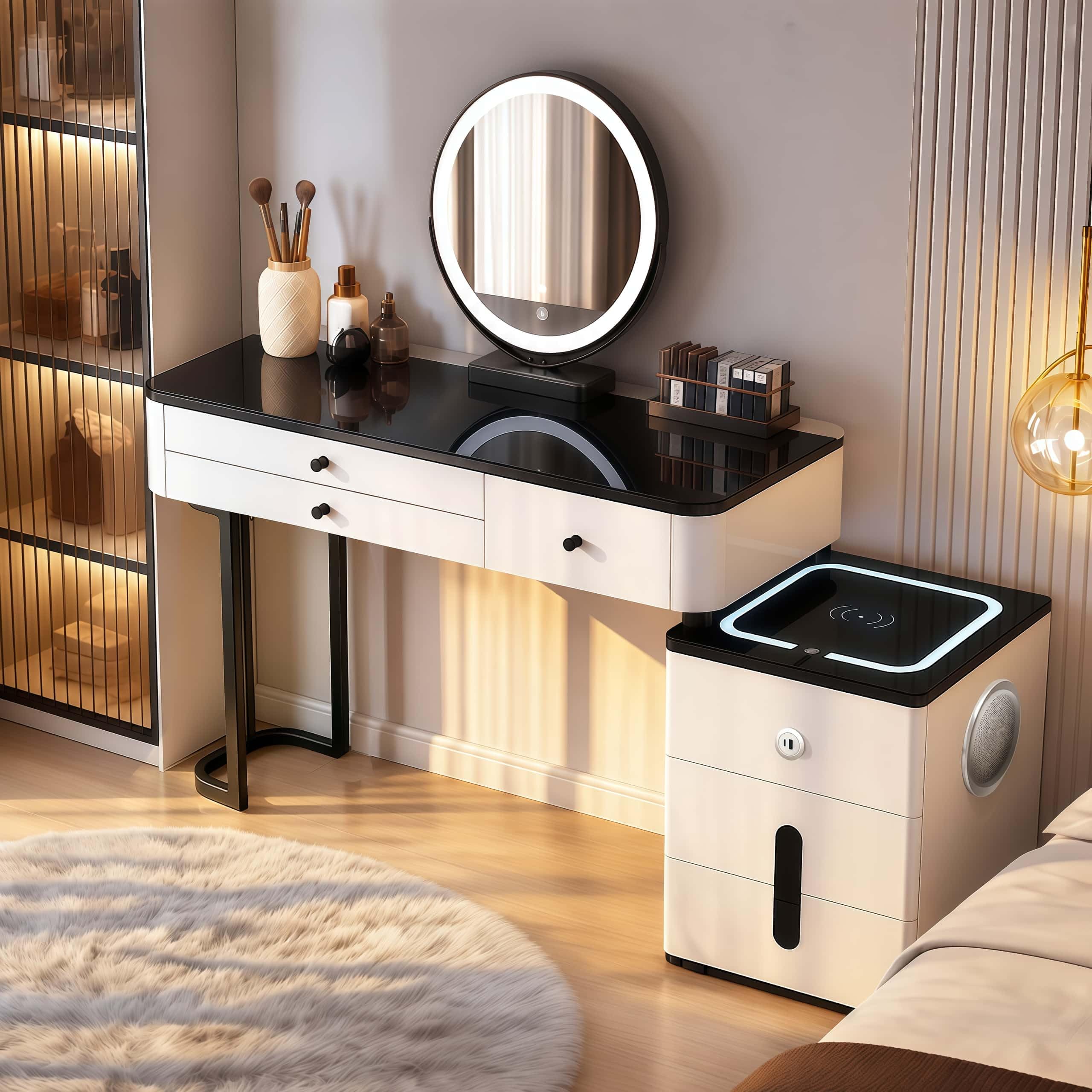 ANHFYS Vanity Desk with Mirror & Glass Top, Charging Station, Pre-Assembled
